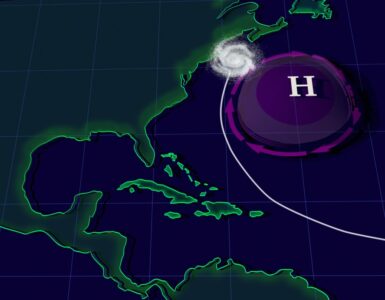 NASA visualization showing the Bermuda High over the Atlantic and a hurricane curving along its edge.