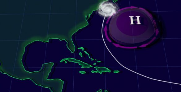 NASA visualization showing the Bermuda High over the Atlantic and a hurricane curving along its edge.