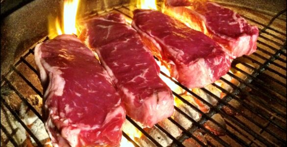 Food cooking over a hot grill, where glowing coals transfer heat by radiation and rising air.