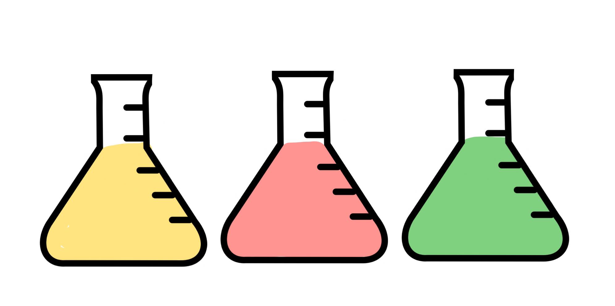 Three flasks showing different colors during a chemical traffic light reaction