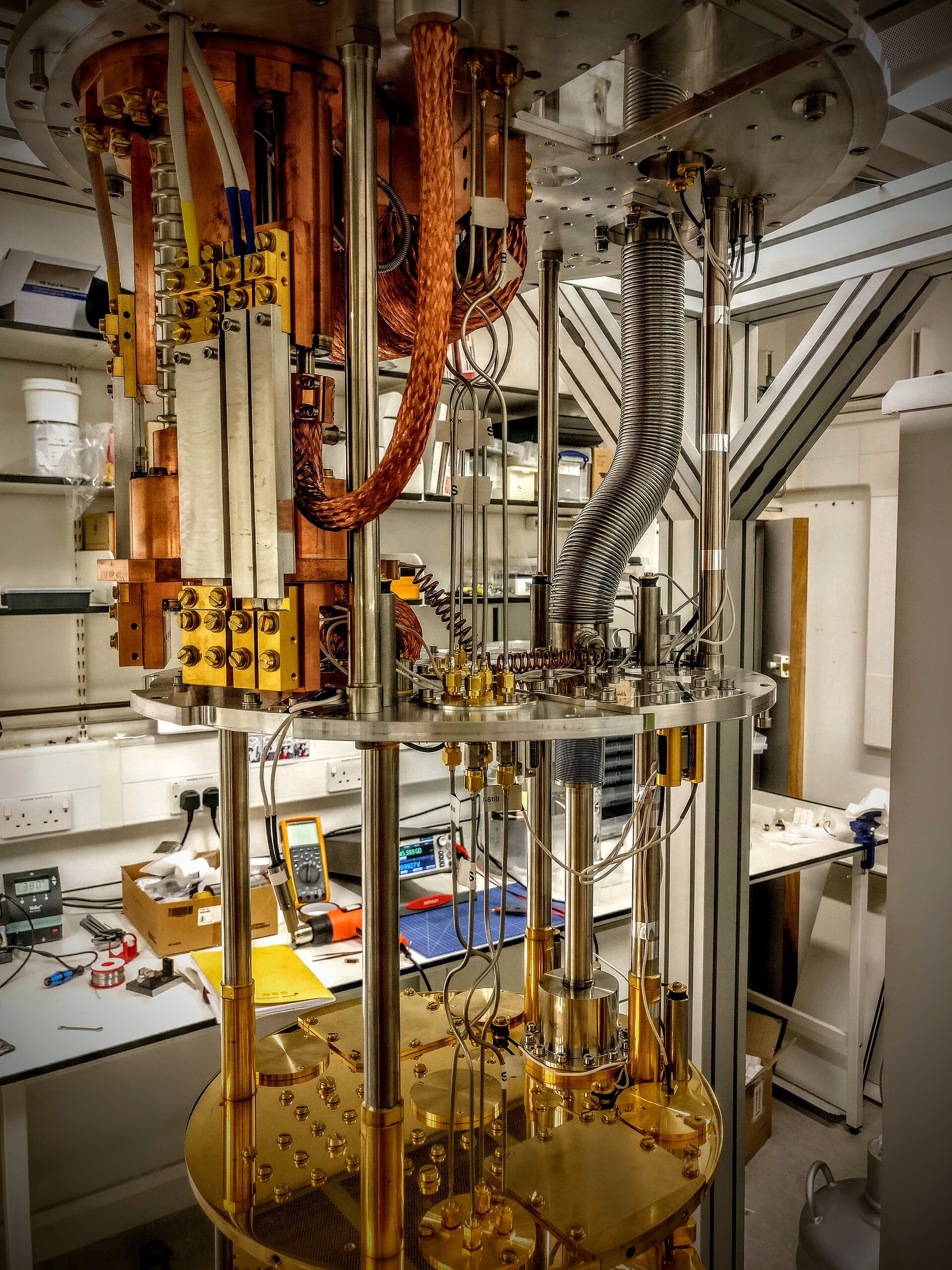 The inside of a dilution refrigerator used to cool quantum computing experiments close to absolute zero.