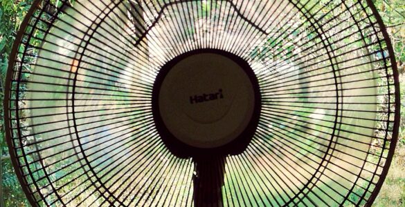 An electric fan with circular grille blades used to move indoor air