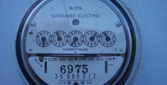 Close-up of a household electric meter used to measure electricity consumption in kilowatt-hours.