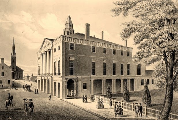 Historical print of Federal Hall and Wall Street in New York, near the site where the Stamp Act Congress met.