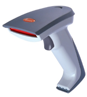 A handheld barcode scanner with a red scanning window.