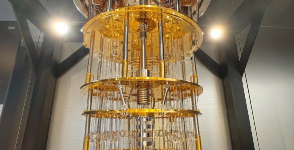 An IBM Quantum System One machine, representing the specialized hardware used to control qubits.