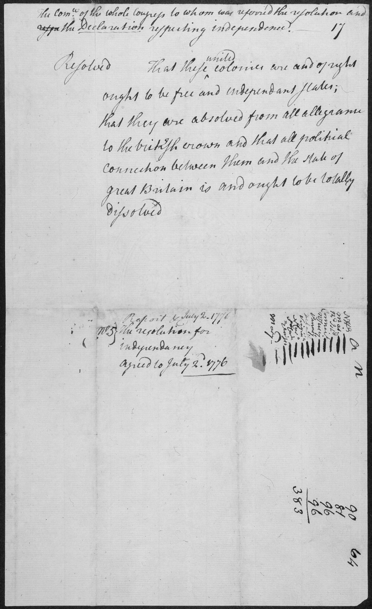 National Archives image of the July 2, 1776 resolution recording the Continental Congress vote for independence