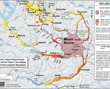 Map of Mount Rainier lahar hazard zones and estimated arrival times in nearby river valleys.