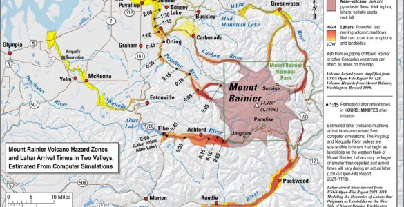 Map of Mount Rainier lahar hazard zones and estimated arrival times in nearby river valleys.
