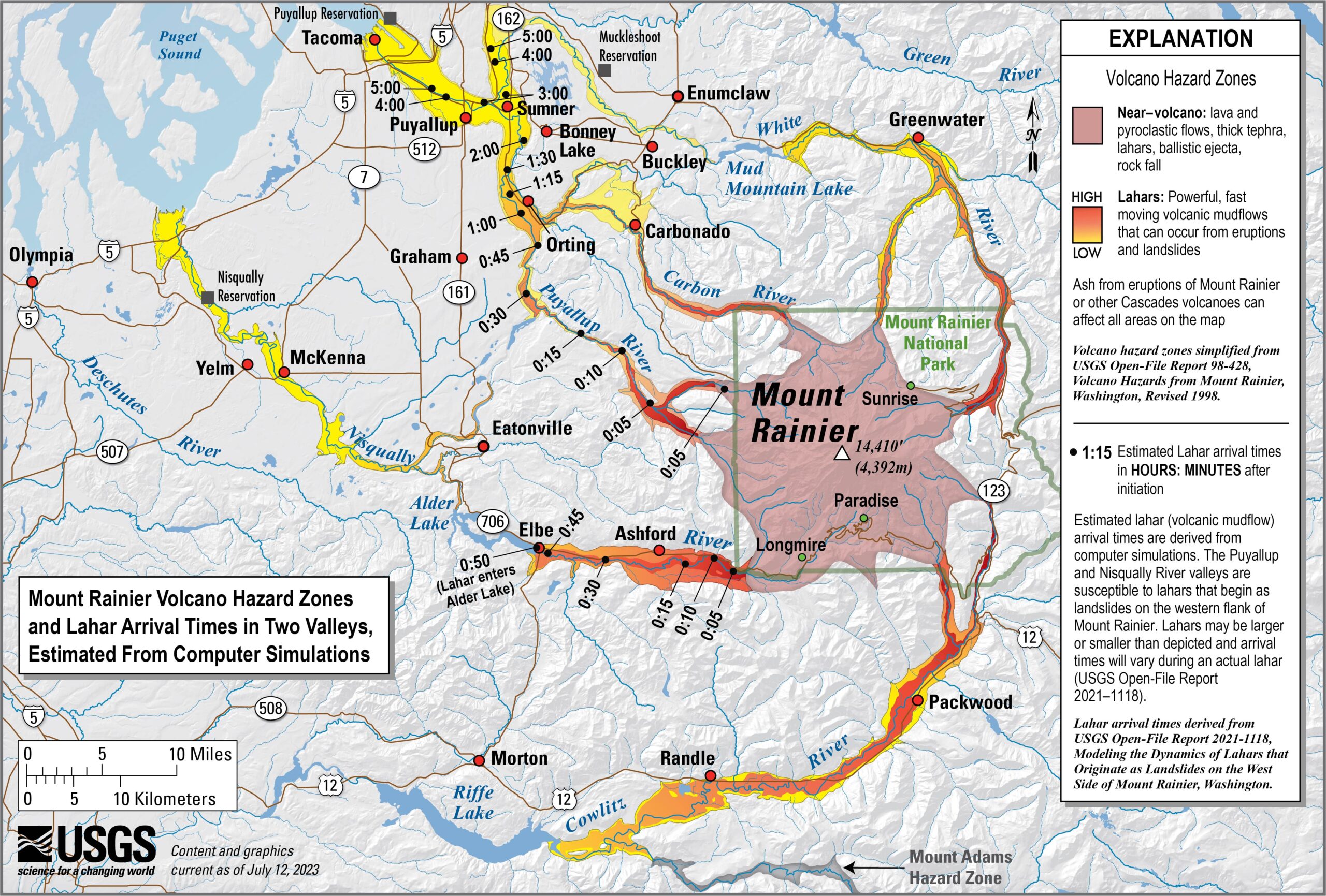Map of Mount Rainier lahar hazard zones and estimated arrival times in nearby river valleys.