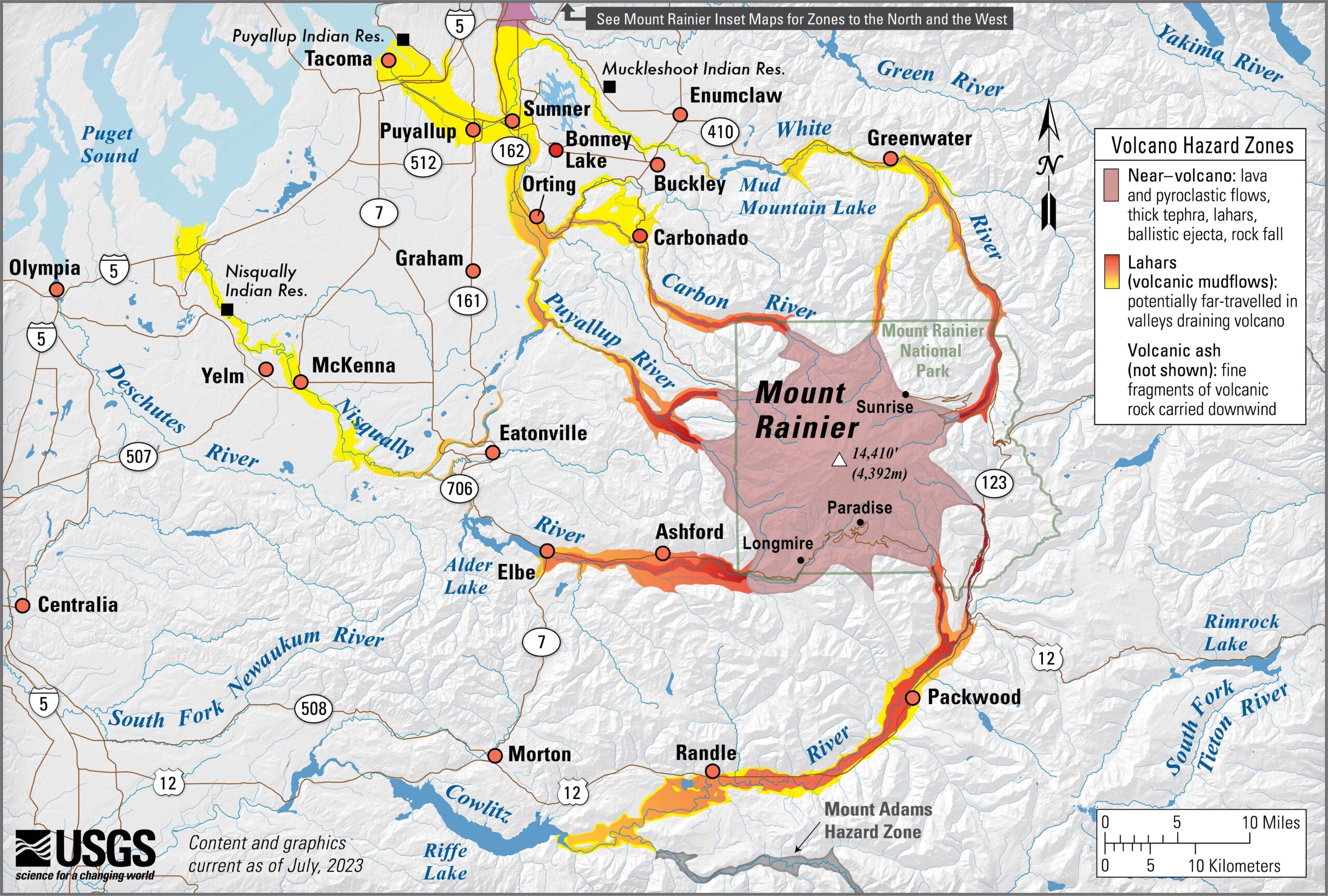 Simplified Mount Rainier hazard map showing valleys affected by lahars and other volcanic hazards.