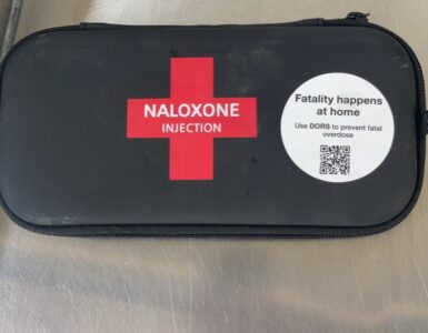 A naloxone emergency kit prepared for opioid overdose response