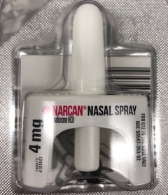 A naloxone nasal spray dispenser used for opioid overdose reversal