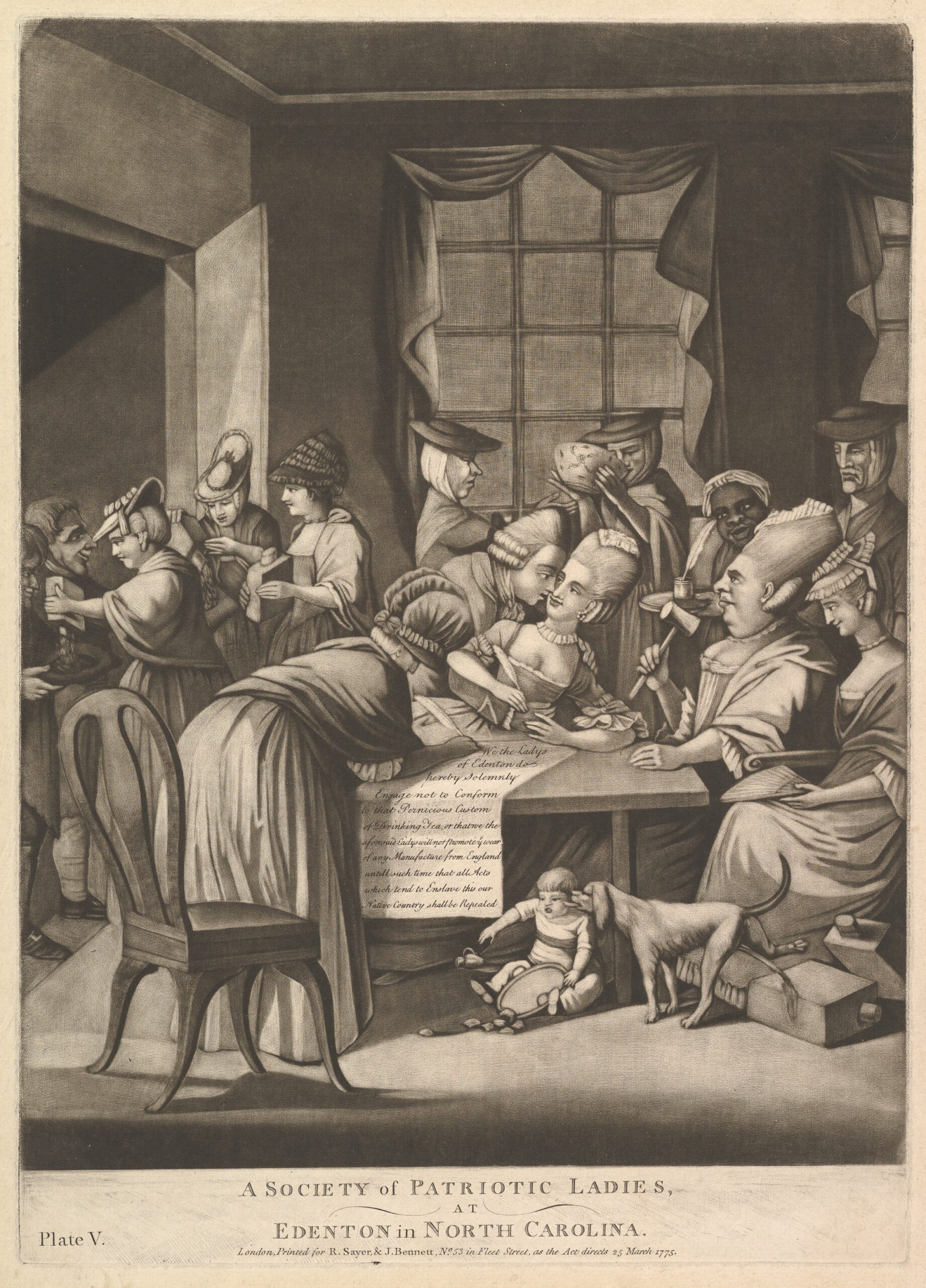 A 1775 satirical print showing women gathered to support a tea boycott in Edenton, North Carolina