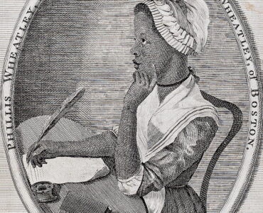 An engraved frontispiece portrait of Phillis Wheatley writing at a desk.