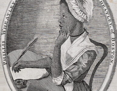 An engraved frontispiece portrait of Phillis Wheatley writing at a desk.
