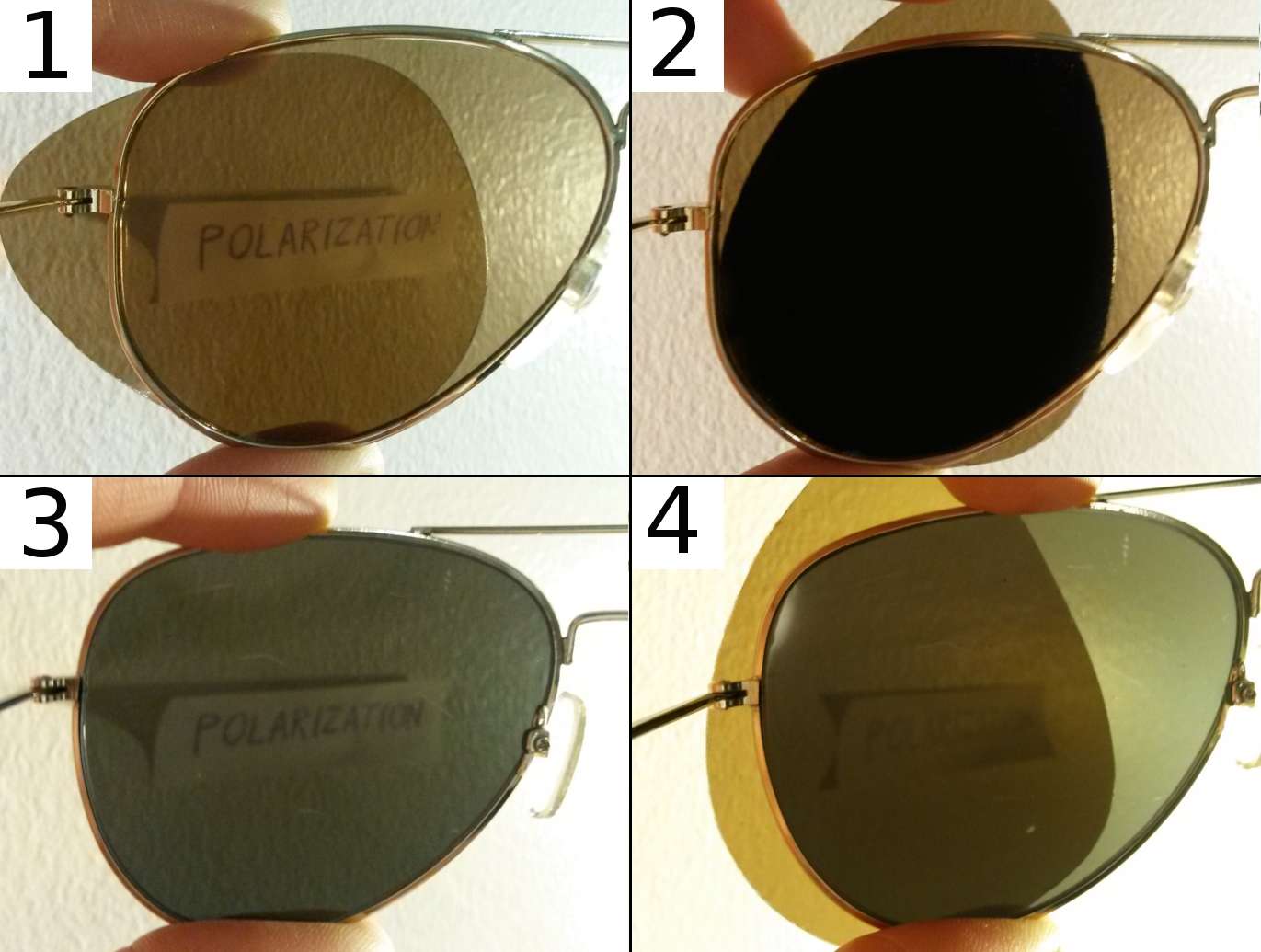 Two sunglasses lenses rotated to show how crossed polarizers block light