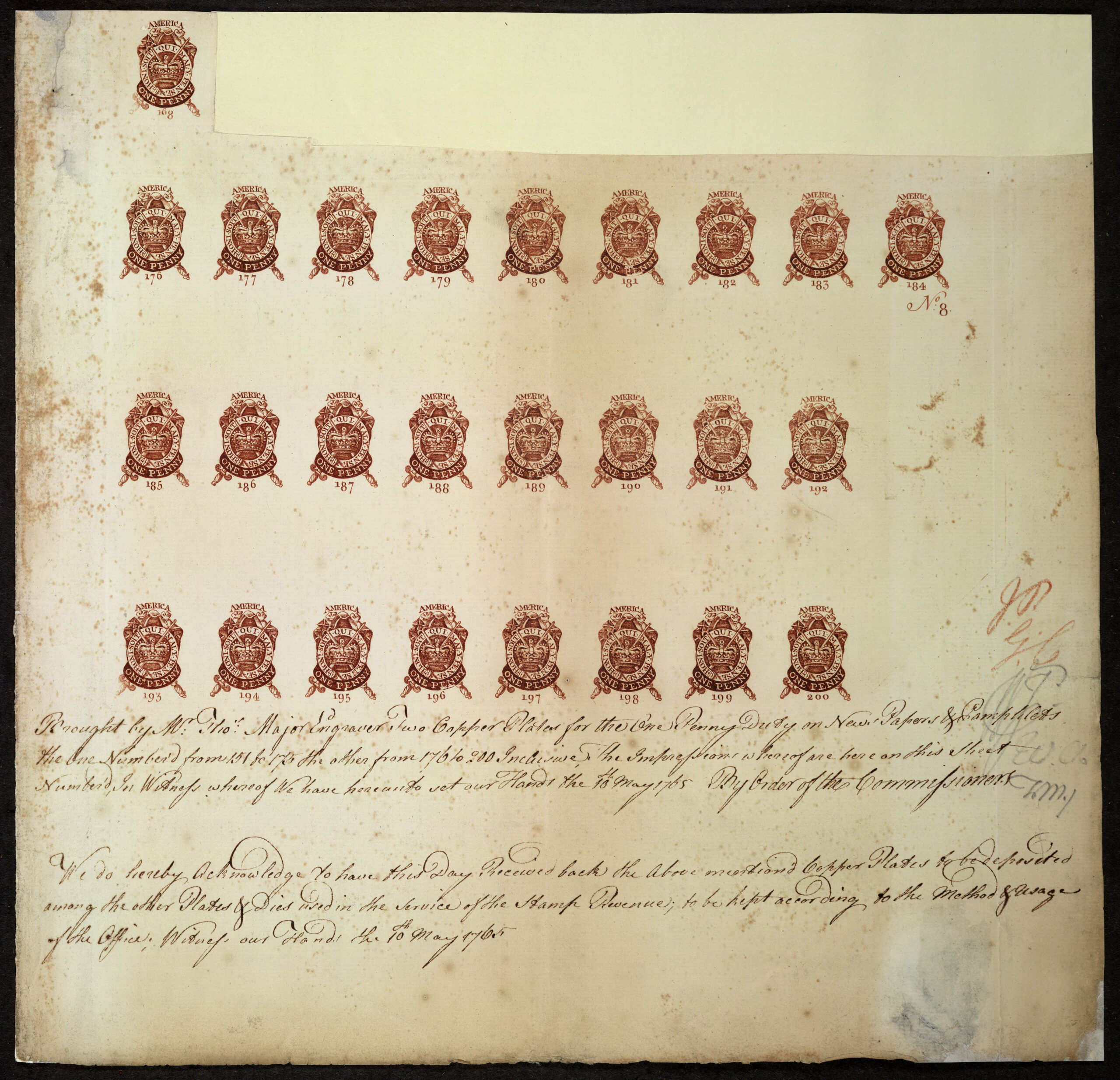 Proof sheet of one-penny revenue stamps prepared for newspapers under the 1765 Stamp Act.