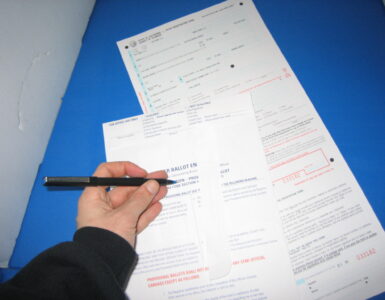 A provisional ballot envelope being handled at a polling place