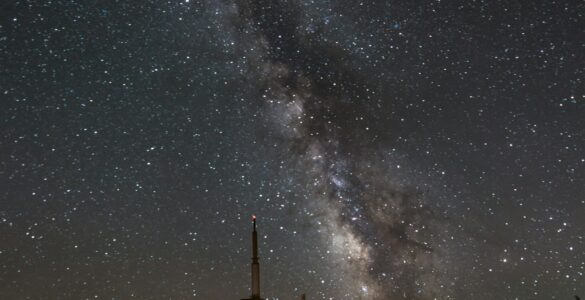 An observatory beneath the Milky Way, representing a wide sky survey scanning the night sky