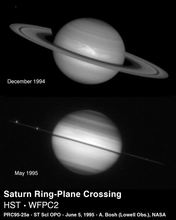Two Hubble views of Saturn showing the rings wide open and nearly edge-on