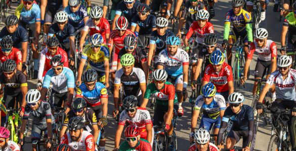A large group of road cyclists riding closely together in a peloton during a race