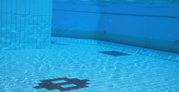 An underwater view in a swimming pool showing how water surrounds sound sources differently than air.