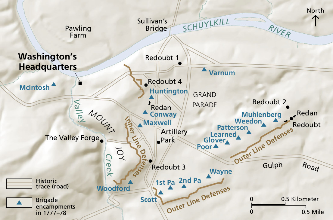 Historical map showing the layout of Washington's Valley Forge encampment.