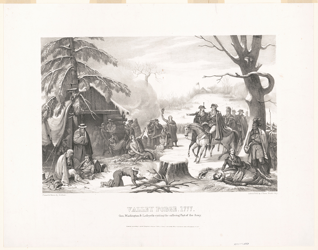 Lithograph of George Washington and the Marquis de Lafayette visiting soldiers at Valley Forge.