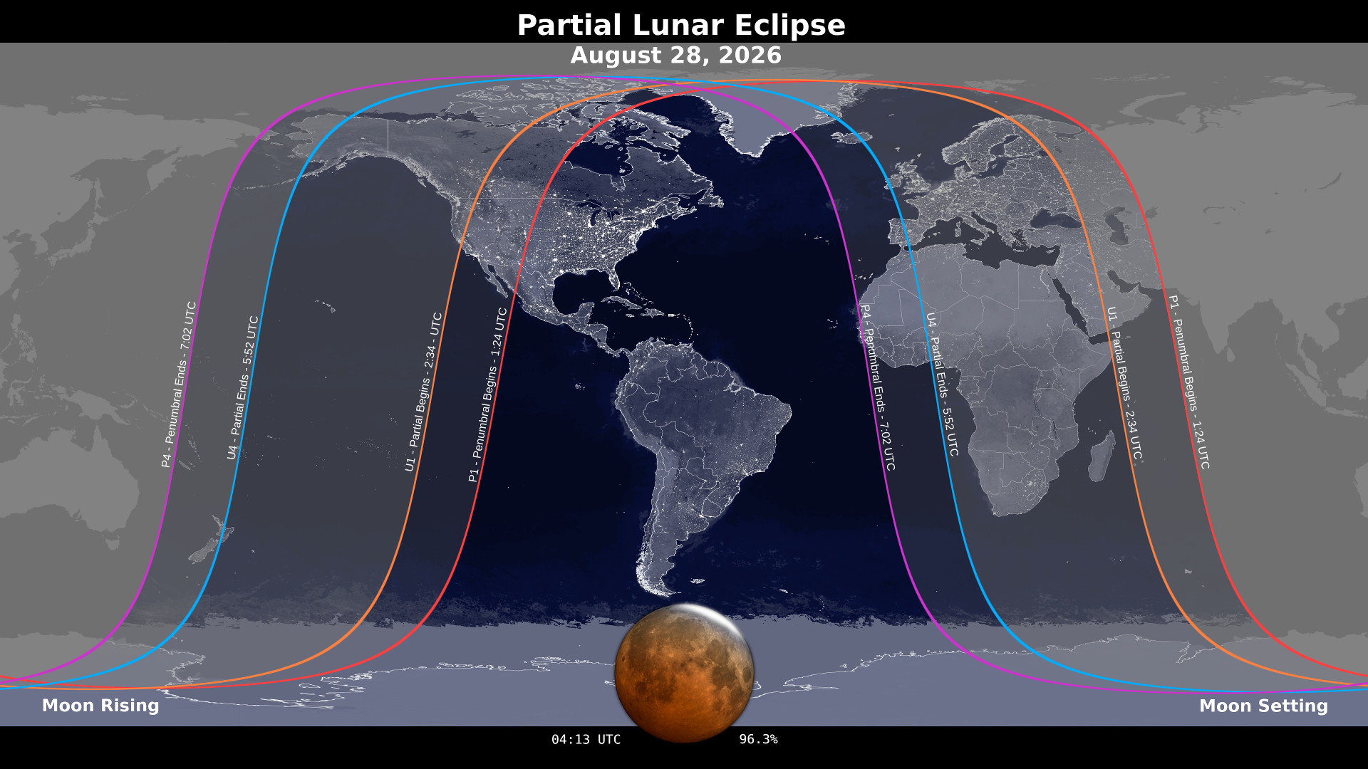 A NASA world map showing where the August 2026 partial lunar eclipse is visible.