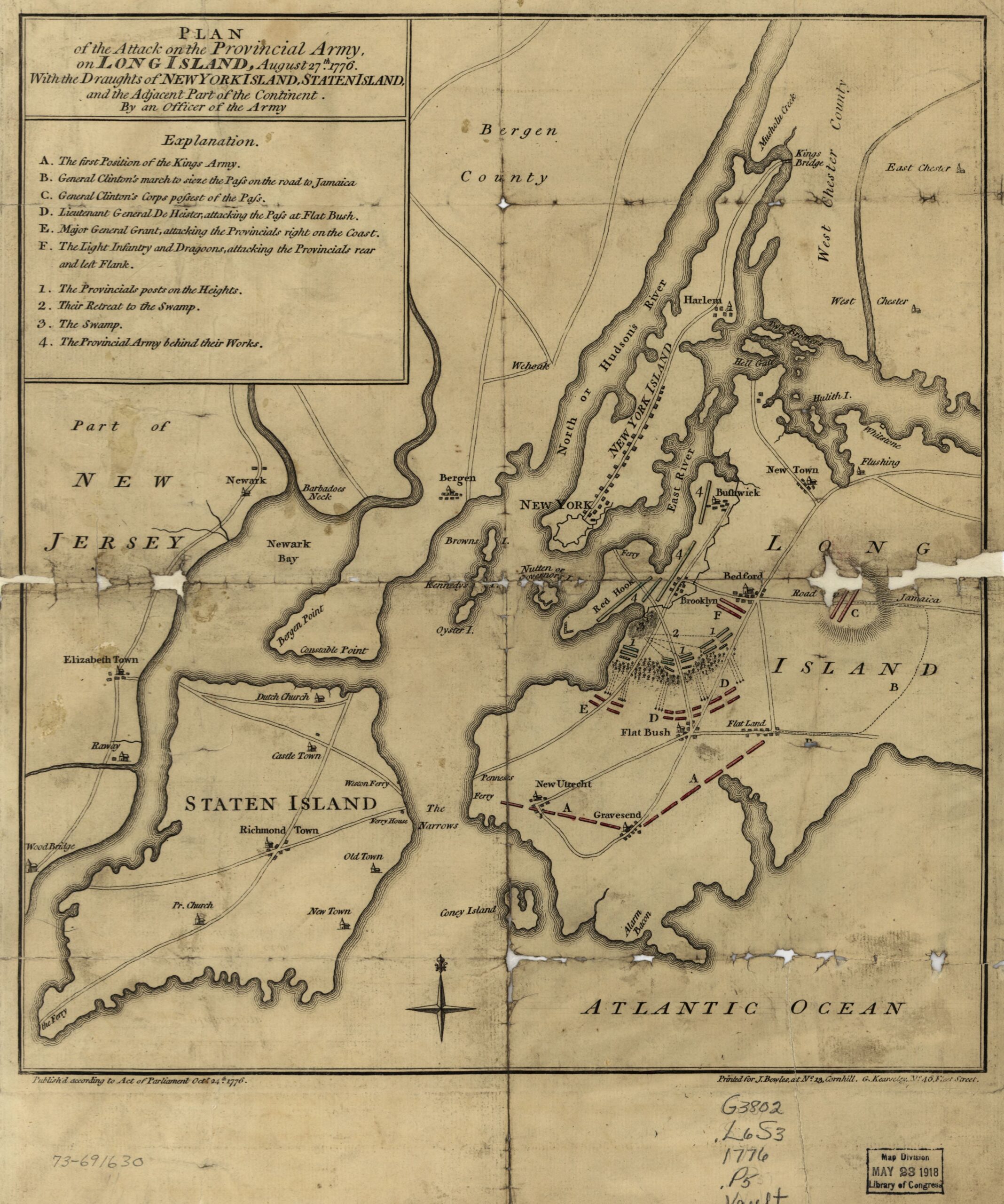 A 1776 map showing British and American positions around Long Island, Staten Island, and New York Island.