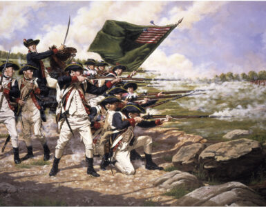 Continental soldiers fighting at the Battle of Long Island, where American rear-guard actions helped Washington's army escape.