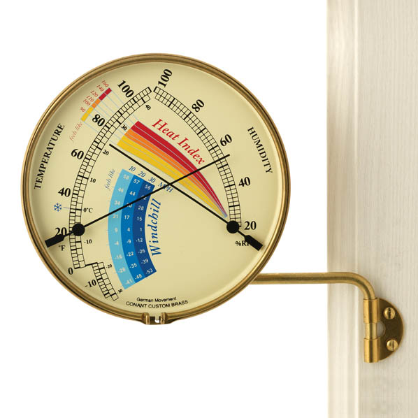 An outdoor weather gauge showing heat index and wind chill measurements.
