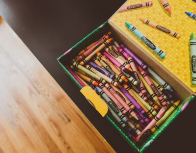 A box of colorful crayons ready for drawing, showing the wax sticks used to leave color on paper.