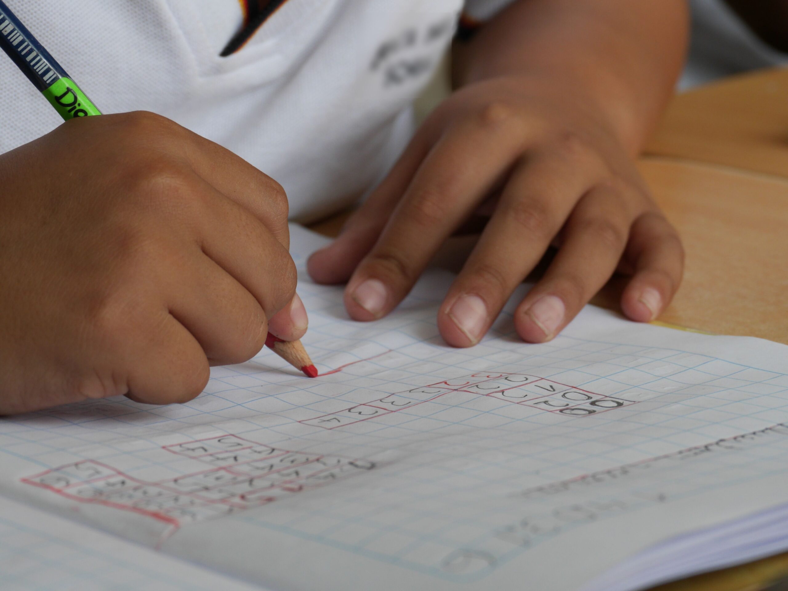 A student writes math notes on graph paper while comparing equivalent algebraic expressions.