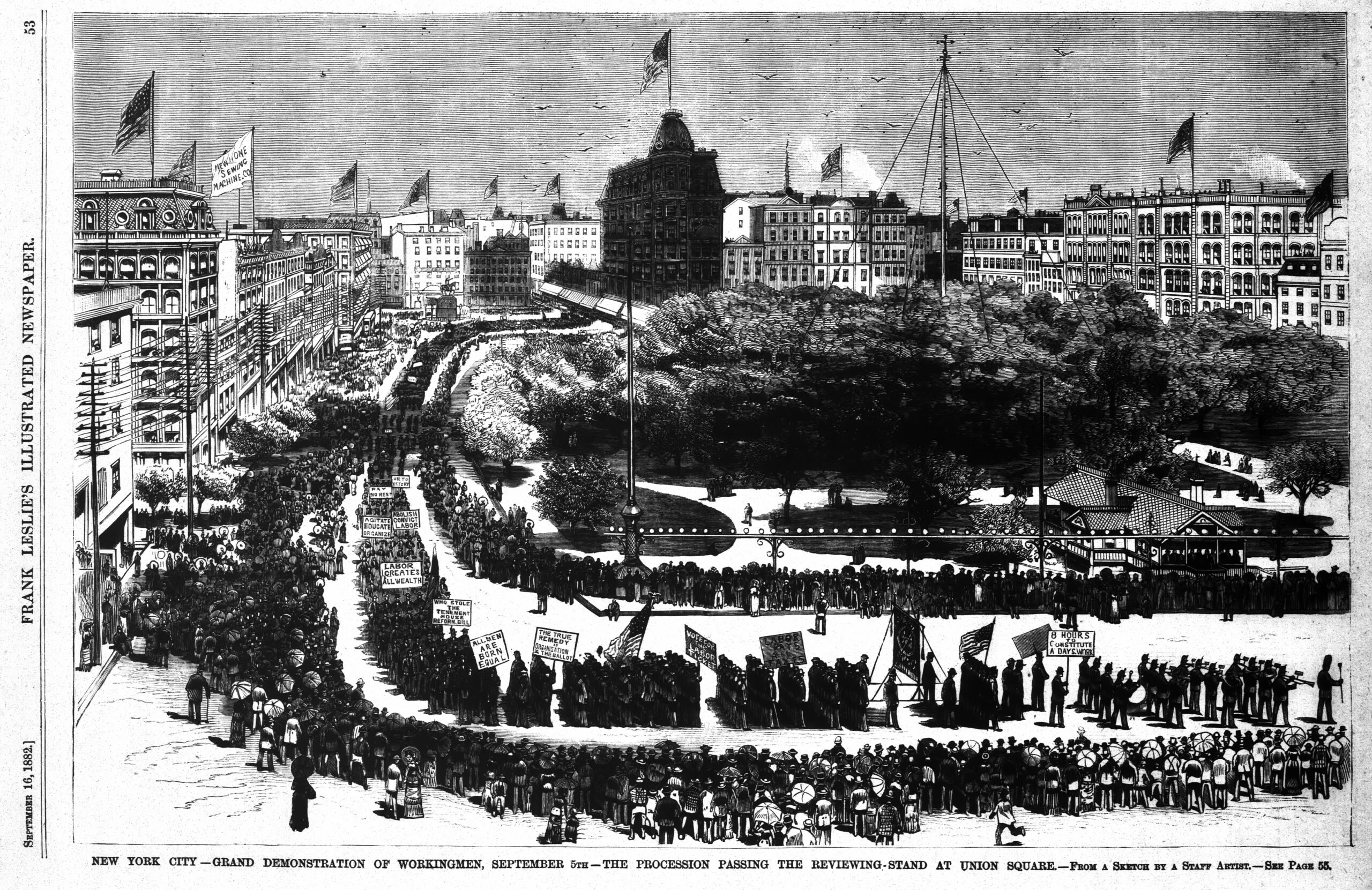Crowds and marchers at the first United States Labor Day parade in New York City in 1882.