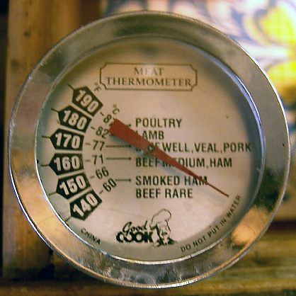A food thermometer used to check temperature instead of guessing by appearance.