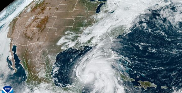 Satellite image of a hurricane near the southeastern United States before land interaction begins to weaken its circulation.