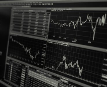 A computer monitor showing stock market charts and price lines.
