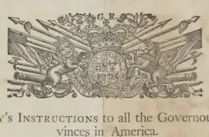 Close view of the royal crest printed at the top of King George III's colonial instructions.