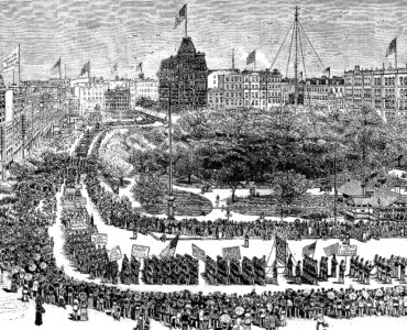 Illustration of the 1882 Labor Day parade in Union Square, New York City.