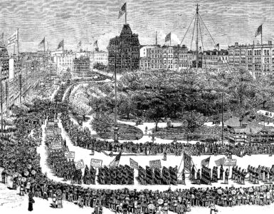 Illustration of the 1882 Labor Day parade in Union Square, New York City.
