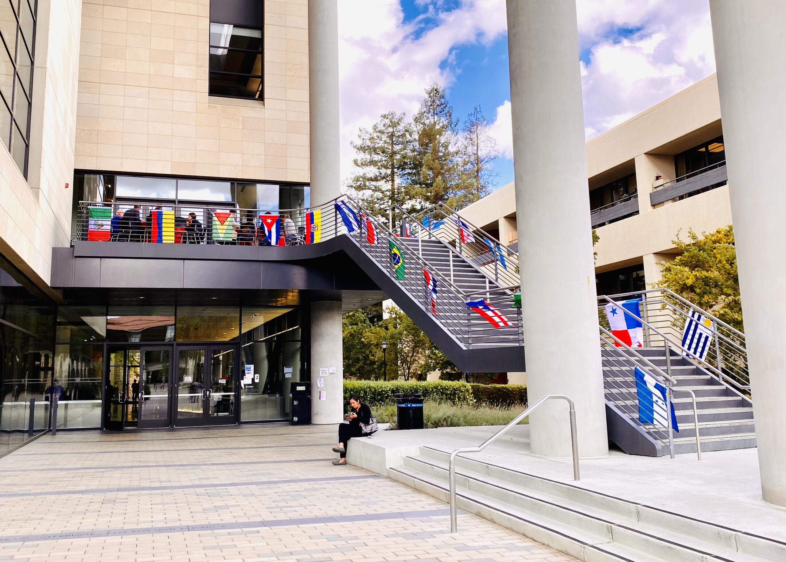 Latin American country flags displayed together indoors for a cultural heritage event.