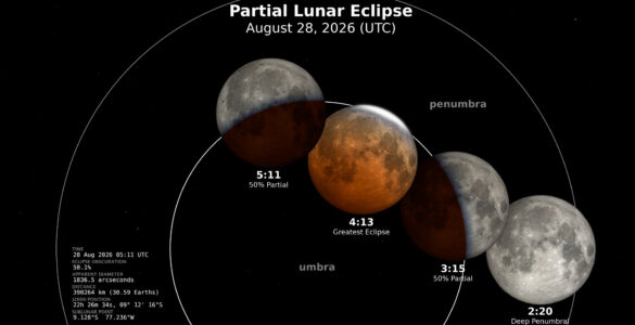 A NASA diagram showing the Moon turning reddish as it passes through Earth's shadow during a partial lunar eclipse.