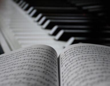 Piano keys beside open sheet music for studying repeating ostinato patterns in music.