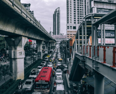 Crowded highway lanes with cars moving slowly in heavy traffic