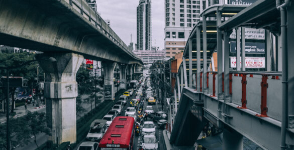 Crowded highway lanes with cars moving slowly in heavy traffic