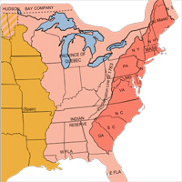 Map showing the Proclamation Line between British colonies and western territories in 1763.