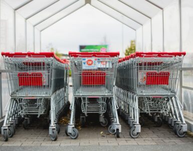 Rows of shopping carts at a store entrance, representing retail sales patterns that change with the season.