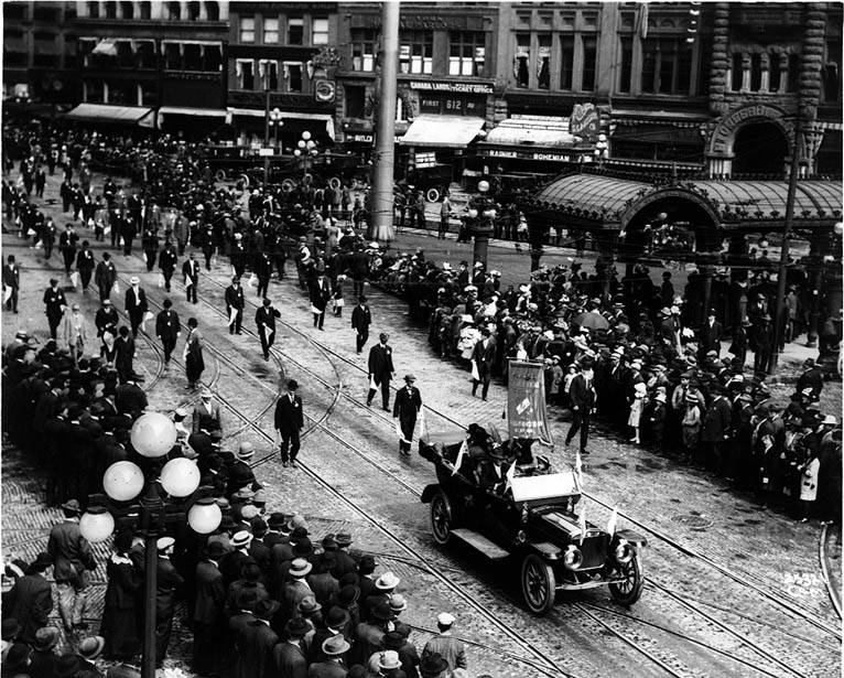 A trade union contingent marches in a Labor Day parade in Seattle in 1912.